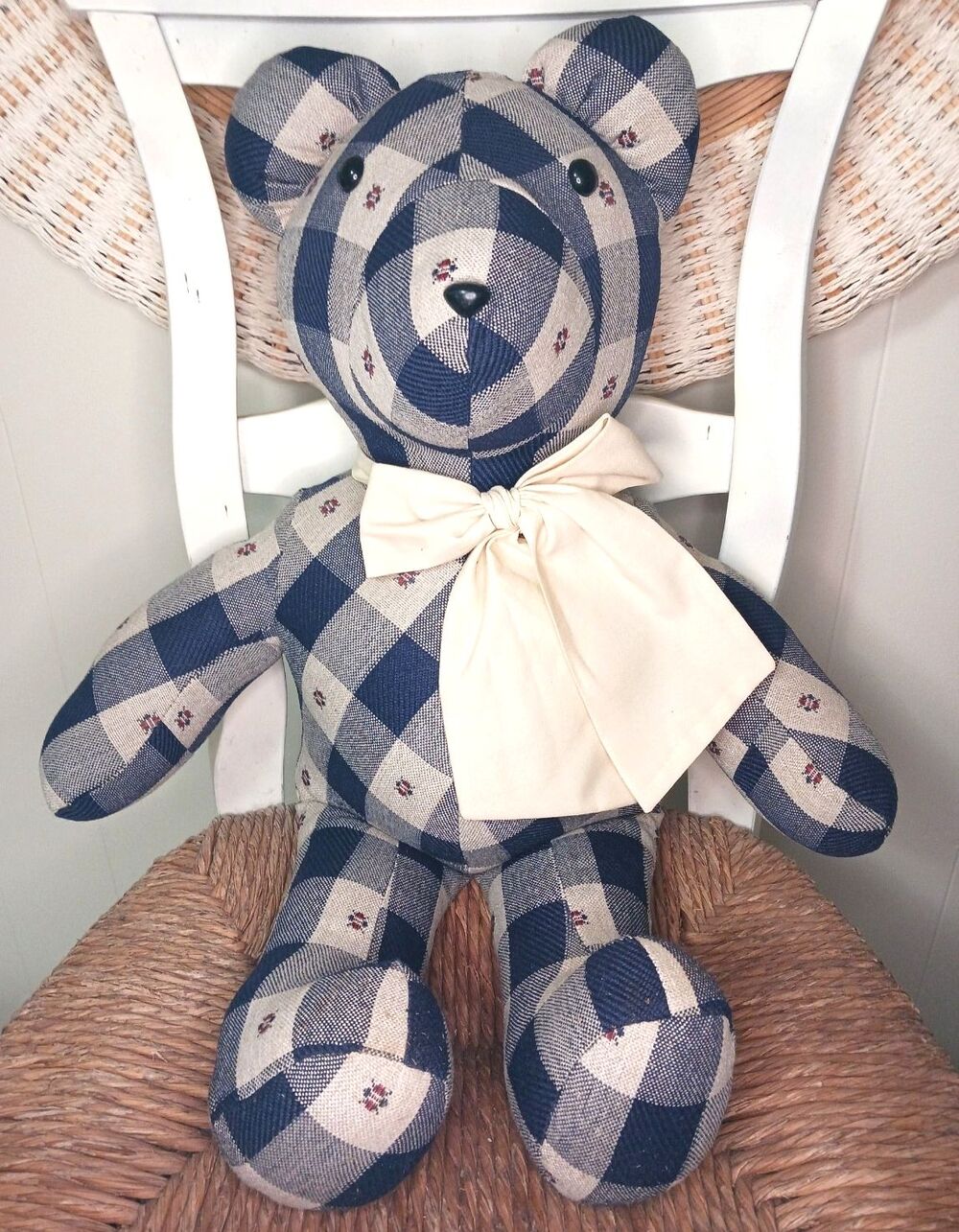 VTG 90's Handmade Checked Denim Ladybug Print 24" Stuffed Teddy Bear Y2K Country